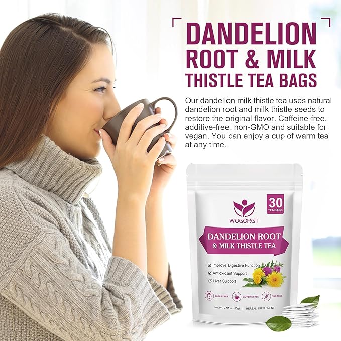 Dried Dandelion Root with Milk Thistle Tea - Natural Dandelion Root and Milk Thistle Herbal Tea bags, Antioxidant and Immune Support, Caffeine Free