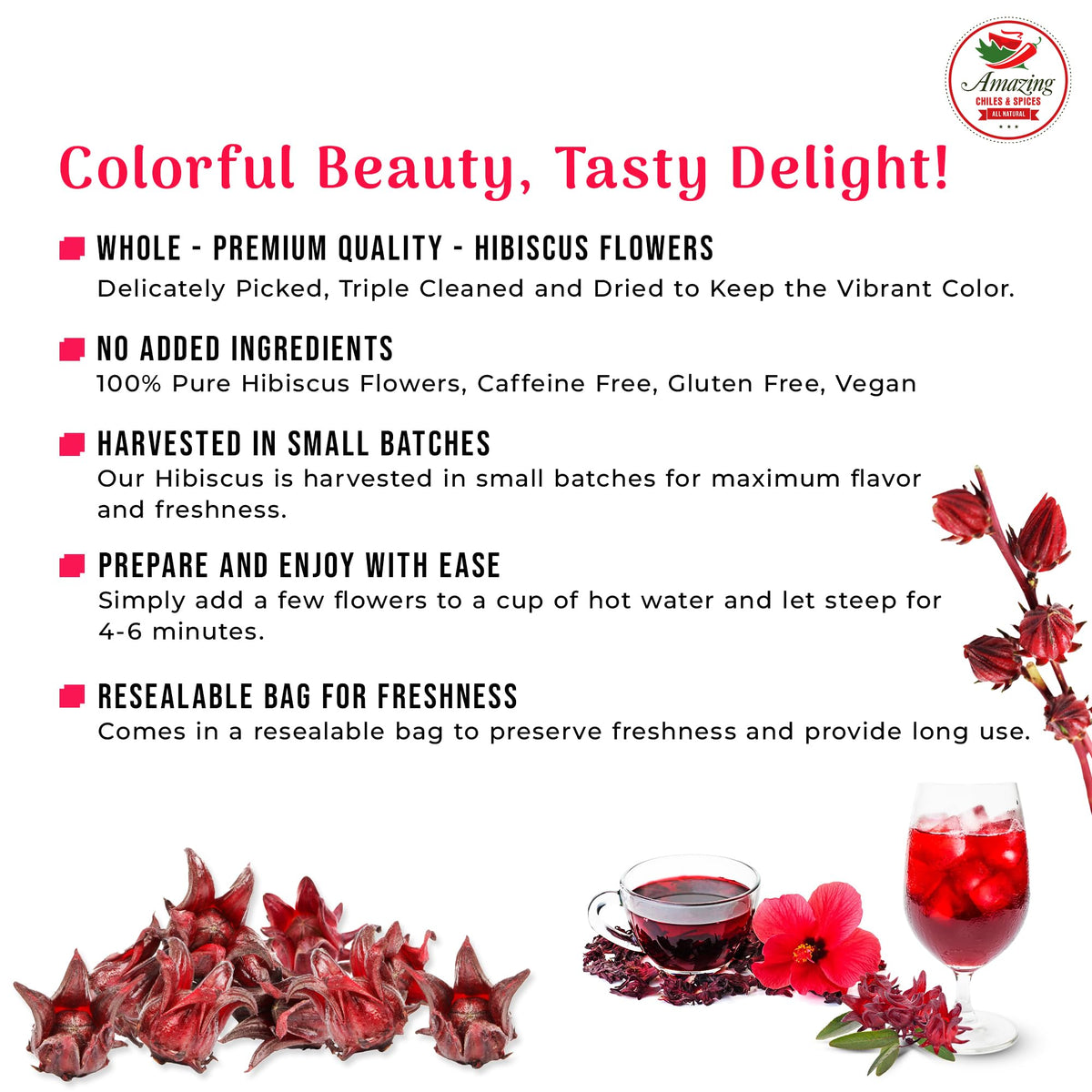 Amazing Chiles & Spices Hibiscus Flowers 1lb (16oz) – All Natural, Triple Cleaned - Whole Soft Flowers and Petals - Flor de