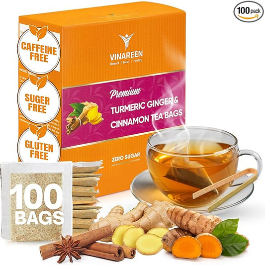 VINAREEN Turmeric Ginger Cinnamon Tea Bags - 100 Tea Bags - Premium Natural Blend of Ginger Root, Turmeric Root & Cinnamon [Handpick] - Te De Curcuma Jengibre Y Canela - Caffeine Free, Sugar Free, Vegan