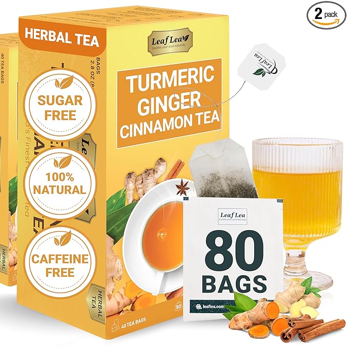 LeafLea Turmeric Tea with Ginger and Cinnamon, 80 Premium Turmeric Ginger Tea Bags, Supports Immune Health & Digestion, 100% Natural & Pure Blend Herbal Tea, Caffeine-Free, No Sugar, Vegan