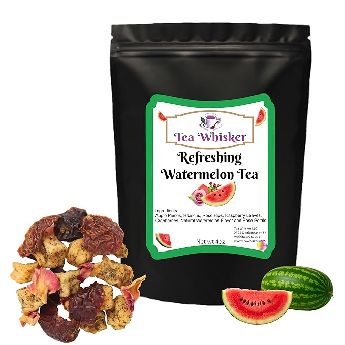 Tea Whisker - Refreshing Watermelon, Fruity Herbal, Loose Leaf Tea, 4 Ounce Pouch, Serve Iced or Hot, Non-Caffeinated