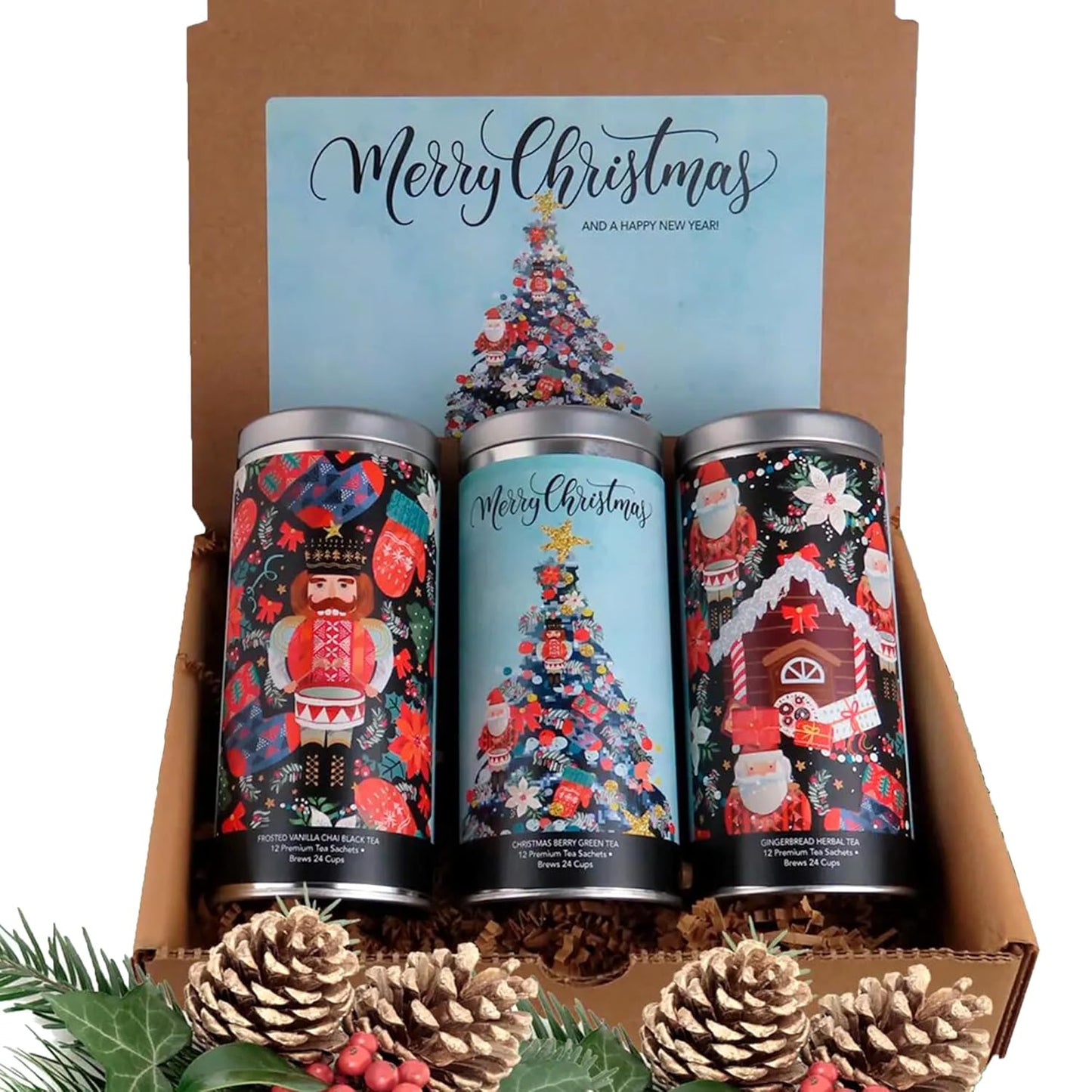 Merry Christmas Tea Gift Set by La Tea Dah, Gourmet Holiday Tea Assortment, 3 Full Sized Tins, Frosted Vanilla Chai Tea, Berry Green Tea, Herbal Gingerbread Tea (36 sachets)