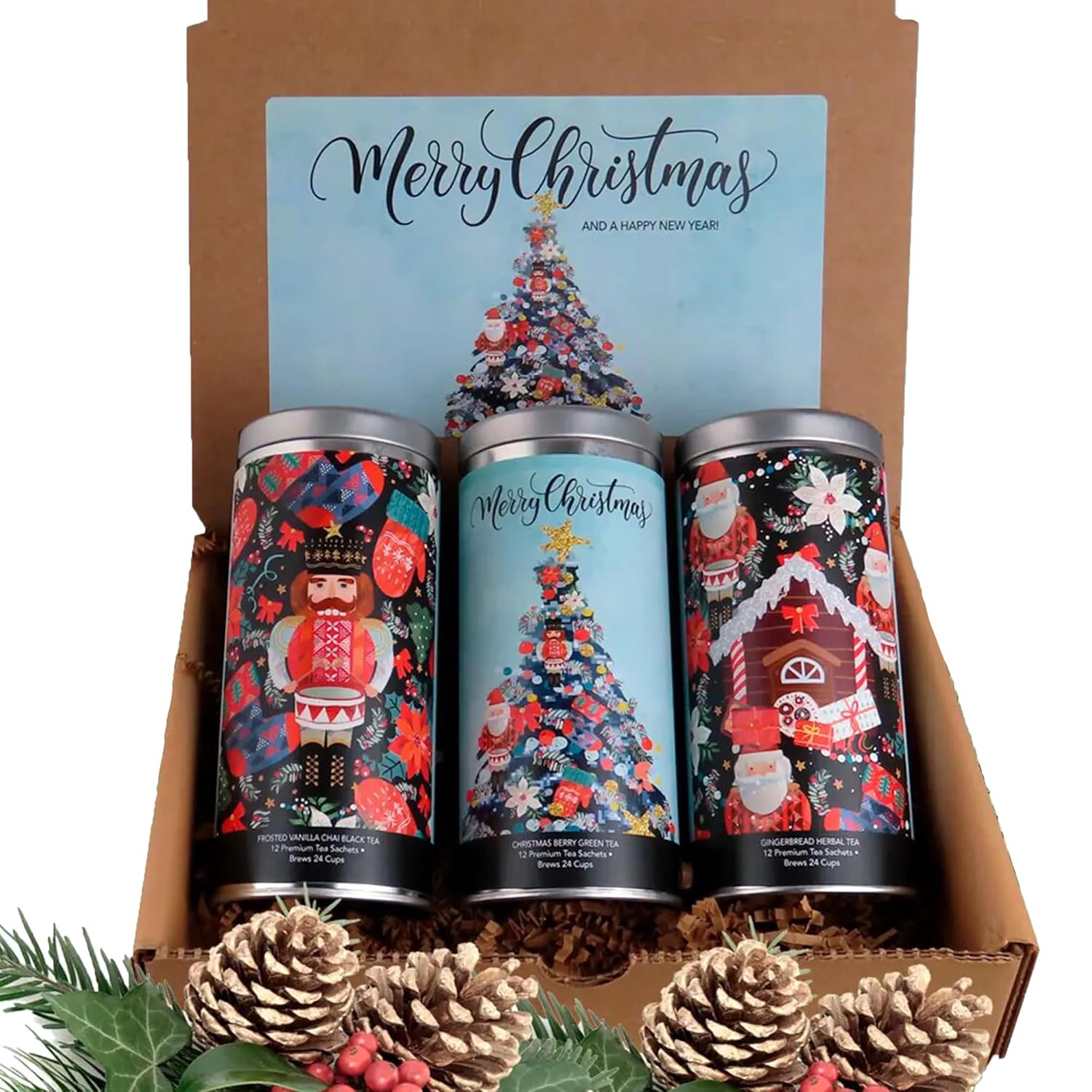Merry Christmas Tea Gift Set by La Tea Dah, Gourmet Holiday Tea Assortment, 3 Full Sized Tins, Frosted Vanilla Chai Tea, Berry Green Tea, Herbal Gingerbread Tea (36 sachets)