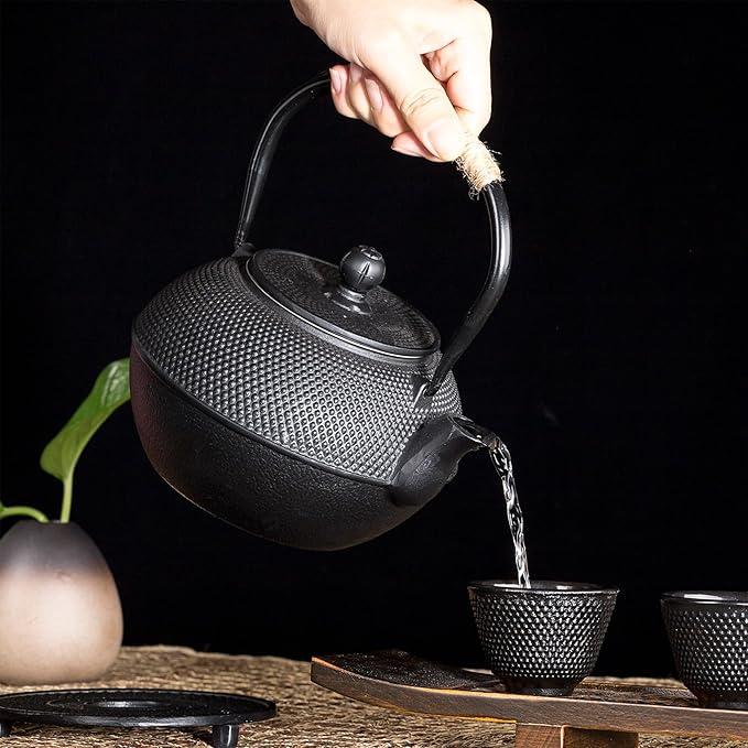 YJX 40.6oz Cast Iron Teapot Set with Warmer, Japanese Tea Set for Stovetop, 1200ml Black Tea Pot and Tea Cups Set