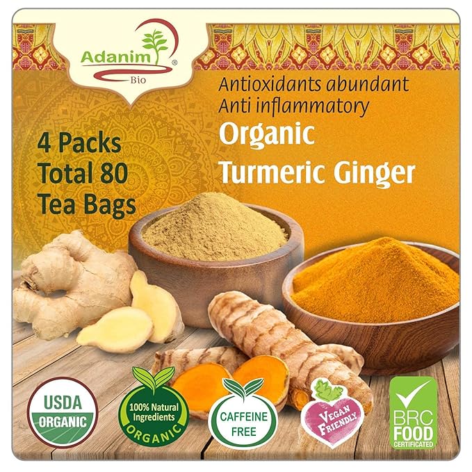 Adanim Bio Ginger Turmeric Tea, Value Pack 80 Teabags, Caffeine-free Organic Blend of Soothing and Flavorful Herbal Infusion for Overall Well-being