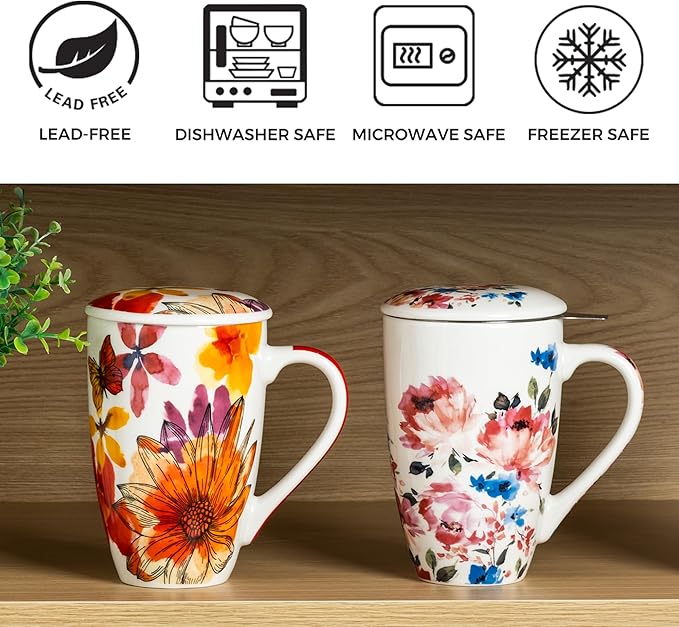 Gbhome Tea Mug with Infuser and Lid, 18 Ounce Large Ceramic Loose Leaf Cup, Microwave, Dishwasher Safe, Perfect for Tea Lovers