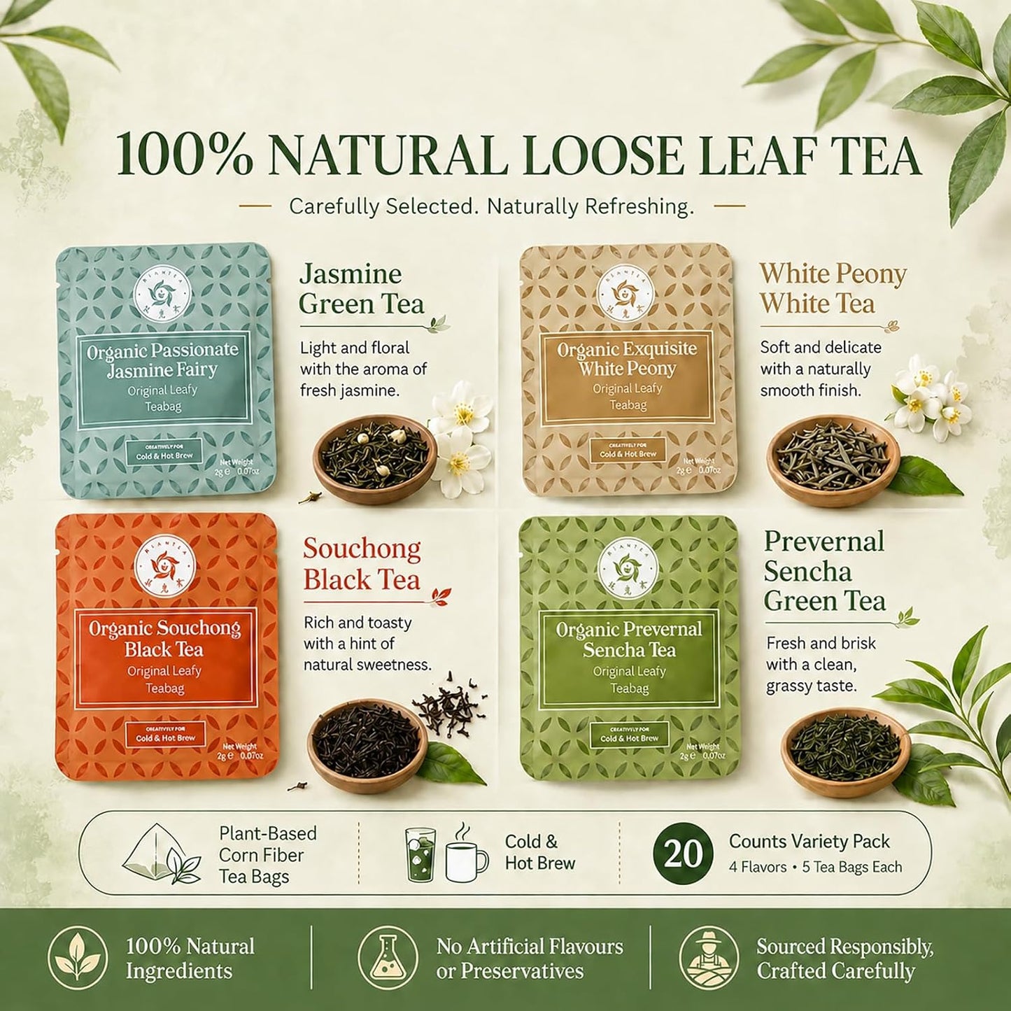 Rinatea Premium Cold Brew Tea Bags - 4 Flavor Variety Pack | 100% Natural Loose Leaf Tea | Perfect Iced Tea Gift Set for Refreshing &amp; Delicious Taste（20 counts)