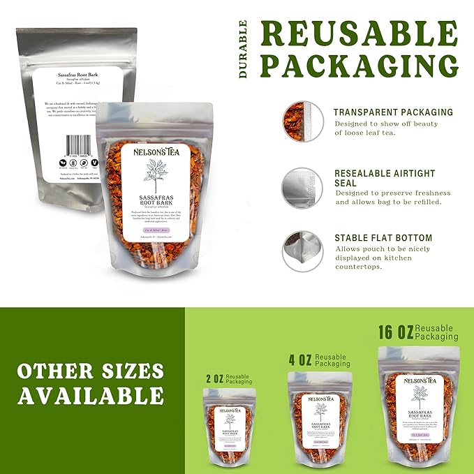 Nelson’s Tea - Sassafras Root Bark Cut & Sifted - Caffeine Free - Classic Root Beer Herbal Blend Tea, Premium Sassafras Albidum Aroma for Brewing, Mixing & Wellness, Freshly Packed Resealable Bag -2oz