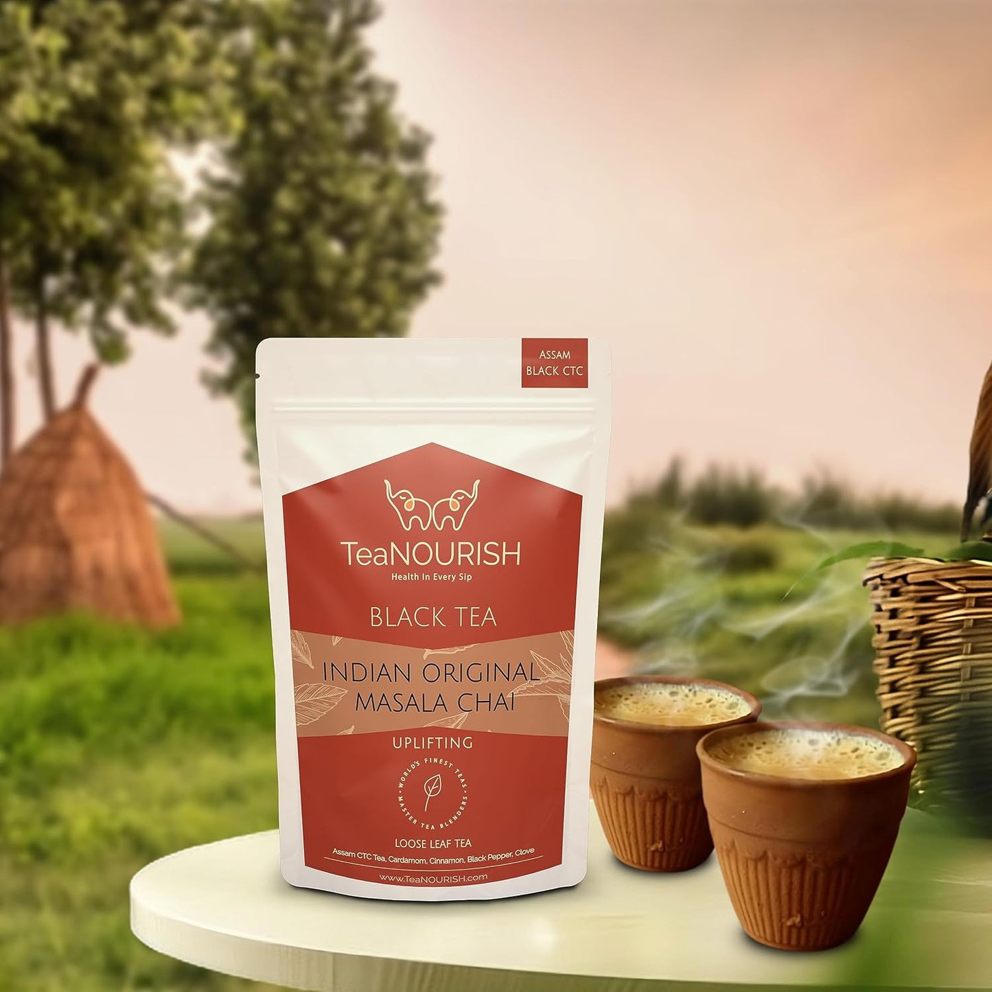 TeaNOURISH Indian Original Masala Chai Tea | Assam CTC Black Tea Loose | Blended with Cinnamon, Cardamom, Black Pepper &amp; Cloves | 100% NATURAL INGREDIENTS - 3.53oz/100g (Pack of 2)