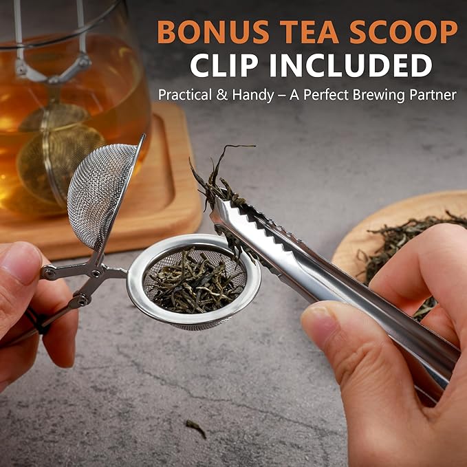 Tea Infuser Set of 3 with Handle – 304 Stainless Steel Tea Ball Strainers for Loose Leaf Tea – Bonus Tea Scoop Clip – Fine Mesh, Rustproof