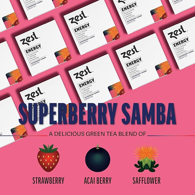 Zest Energy Green Tea - Superberry Samba - High Caffeine Strawberry, Acai, & Passion Fruit Tea - Caffeinated Coffee Altnernative with Antioxidants - Natural, Non-GMO & Keto - 15Ct Box - 135mg Caf