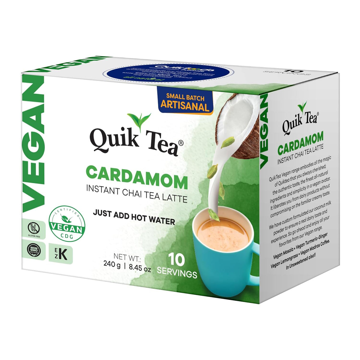 QuikTea Vegan Instant Chai Tea Latte Mix, Cardamom, 10 Sachets
