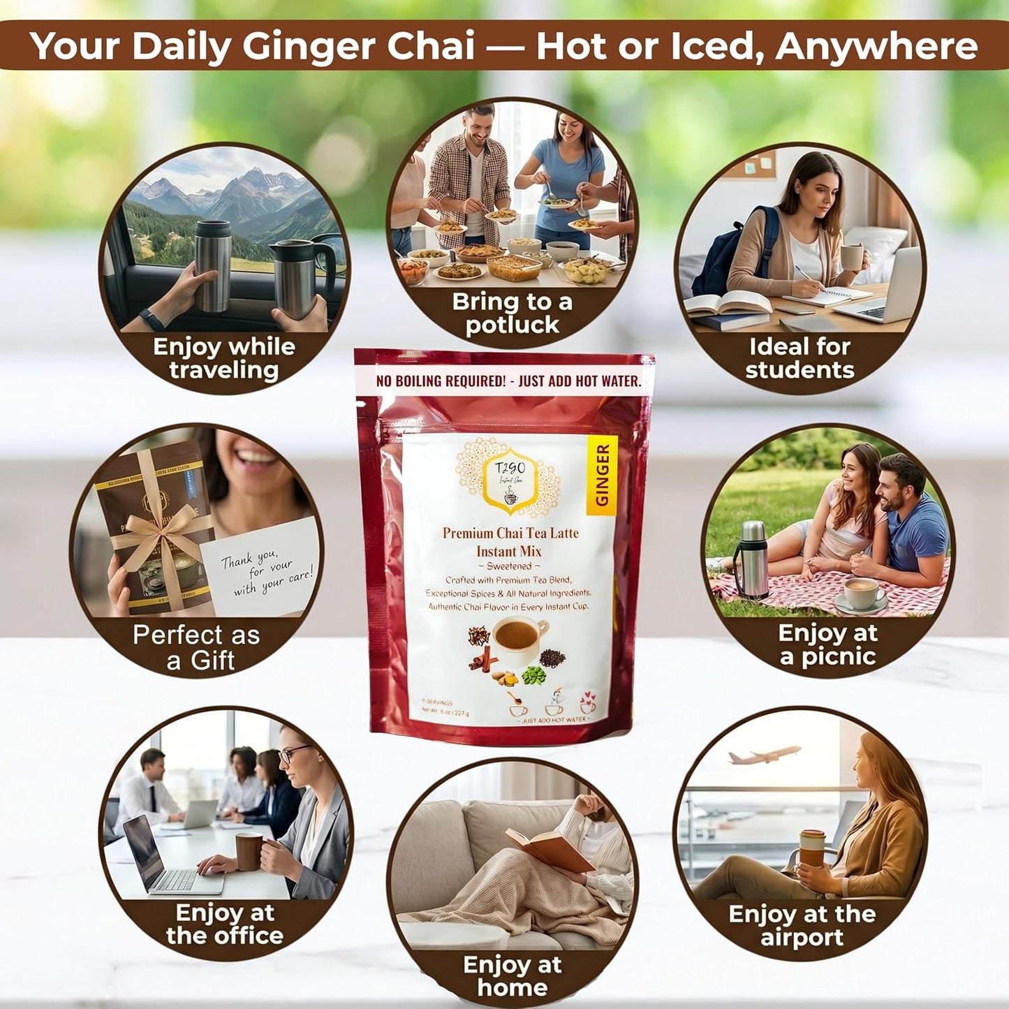 T2GO Instant Ginger Chai Tea Latte Powder – Just Add Water, 8 oz | Bold adrak ginger masala chai — real milk &amp; spices built in, ready in seconds