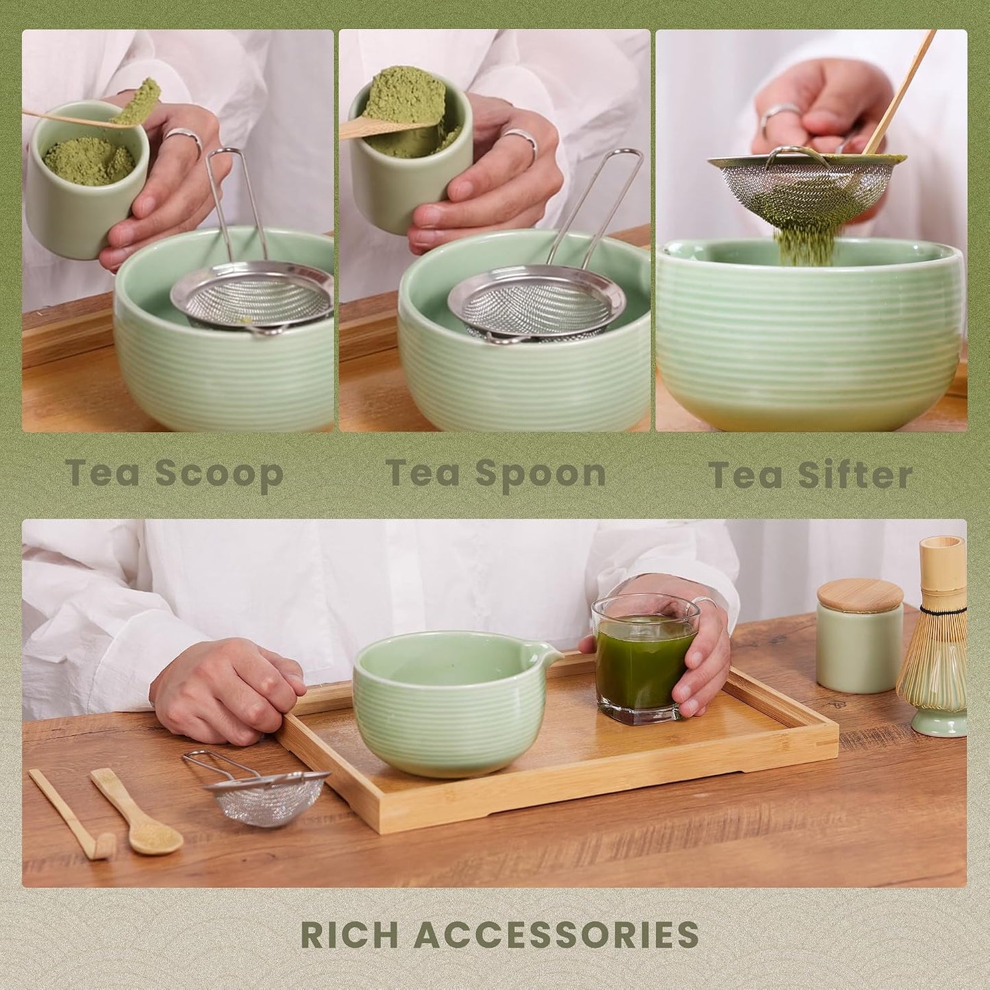 Matcha Bowl and Whisk Set,Bamboo Matcha Whisk,Matcha Spoon and Scoop Handmade,Matcha Sifter and Ceramic Matcha Whisk Holder for Matcha Maker Black, Normal, ZYMC6Pcs01-Black