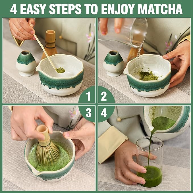 Pottery Matcha Set - Japanese Handcrafted Matcha Tea Bowl Mineral Glaze Bowl with Spout, Bamboo Whisk, Scoop & Chasen Holder