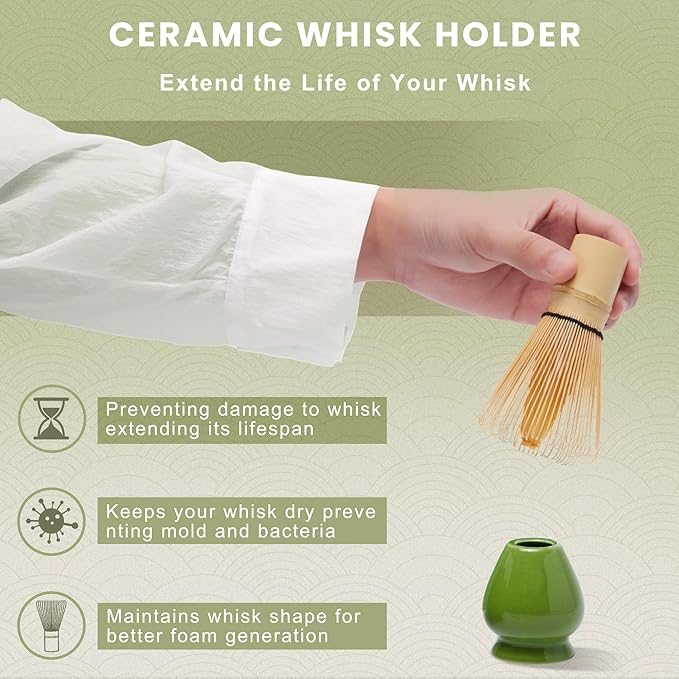 Matcha Whisk Set, Cactus Light Green Ceramic Matcha Set Includes Matcha Bowl, Matcha Whisk (Chasen) and Holder, Sifter, Bamboo Scoop & Spoon