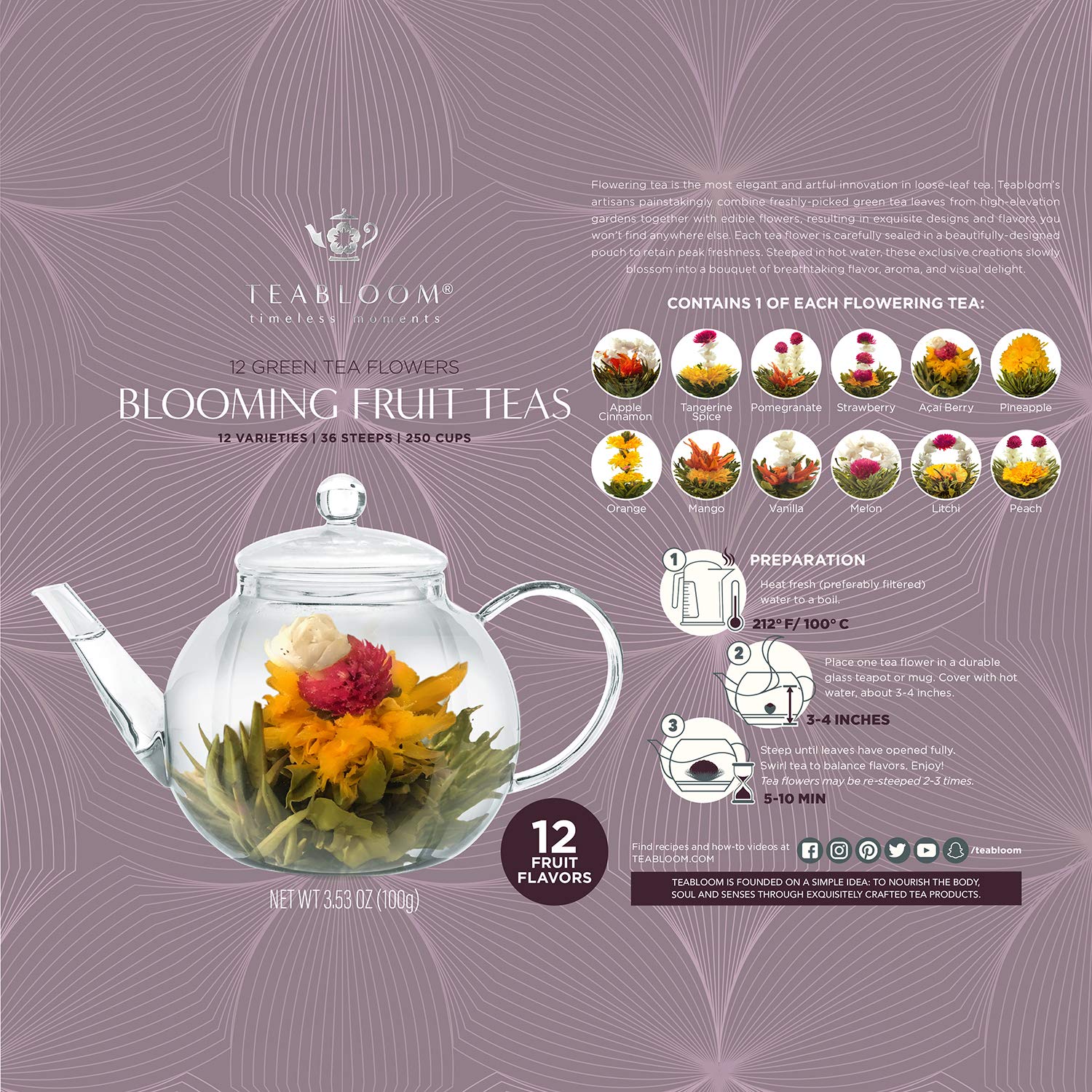Teabloom Fruit Blooming Teas – 12 Unique Flower Varieties of Tea in 12 Delicious Fruit Flavors – Each Flowering Tea Ball Steeps Up to 3 Times