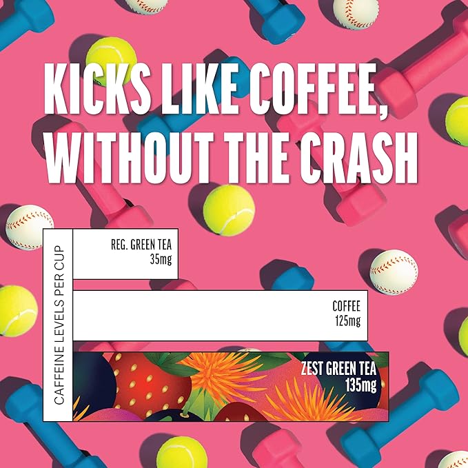 Zest Energy Green Tea - Superberry Samba - High Caffeine Strawberry, Acai, & Passion Fruit Tea - Caffeinated Coffee Altnernative with Antioxidants - Natural, Non-GMO & Keto - 15Ct Box - 135mg Caf