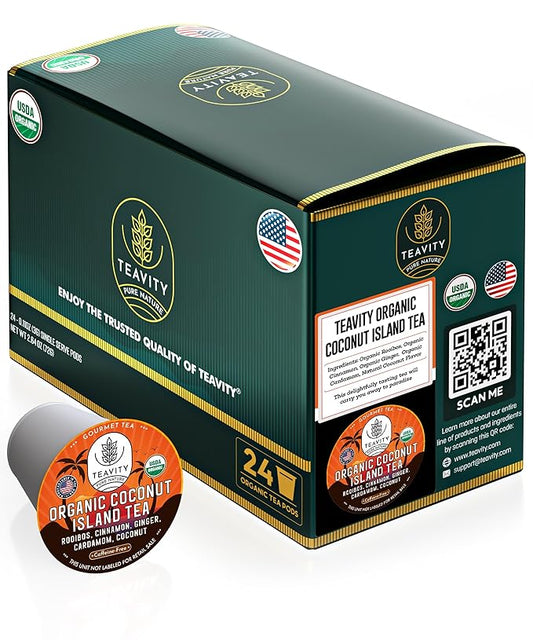 Coconut Rooibos Tea Pods for Keurig - Organic Ginger Tea, Rooibos, Cinnamon, Cardamom, Coconut by Coconut Island Teavity (24 Tea Pods)