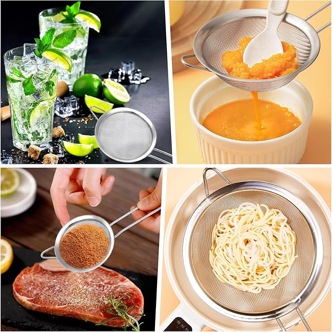 3 Pack Fine Mesh Strainer, Small Stainless Steel Sieves with Handles, for Steeping Loose Leaf Tea, Straining Cocktail, Juice and Sifting Flour