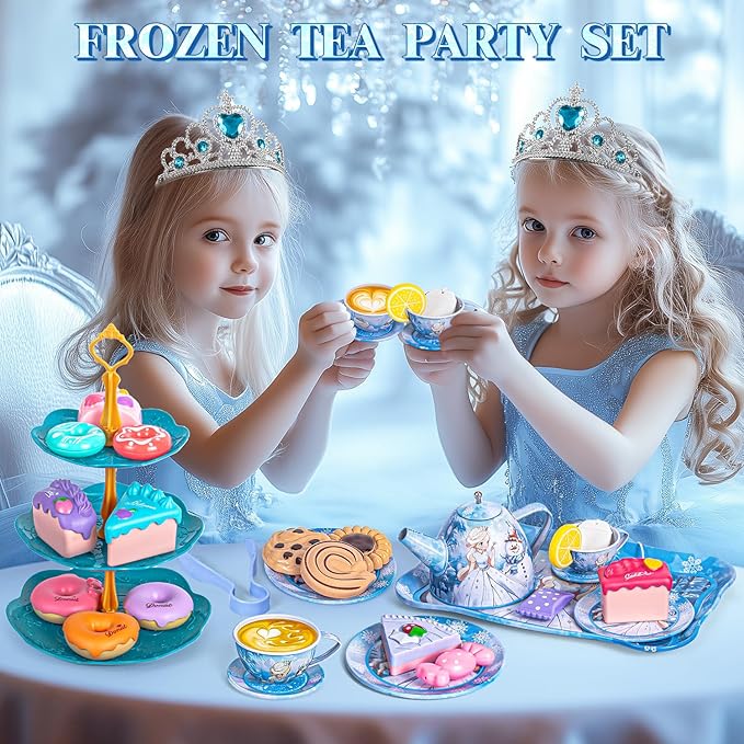 Frozen Tea Party Set for Little Girls, Princess Gift Toy, Kids Pretend Play Tin Tea Set with Teapot, Tea Cups, Food Playset & Carrying Case