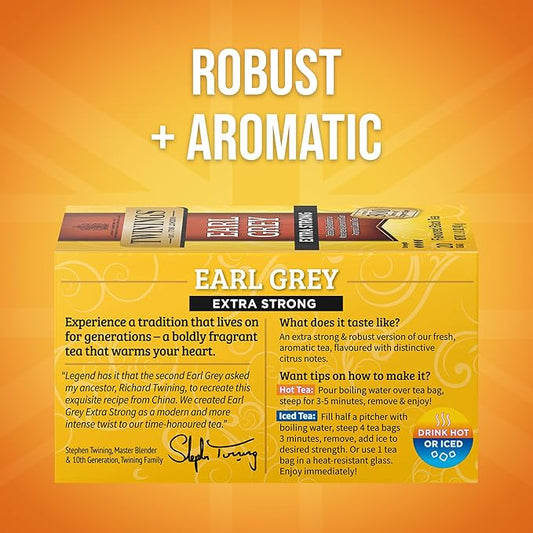 Twinings Earl Grey Extra Strong Black Tea Individually Wrapped Bags, 20 Count (Pack of 6), Flavoured with Citrus and Bergamot, Caffeinated, Enjoy Hot or Iced, 120 Teabags