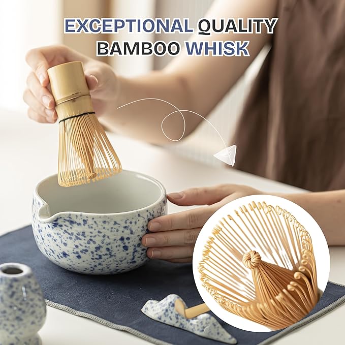 Matcha Whisk Set Black, 8 Pcs Matcha Set with Bowl (Chawan)/Whisk/Holder & Accessories, Matcha Kit for Ceremony, Traditional Tea Set for Making Latte, Gift for Family/Friends