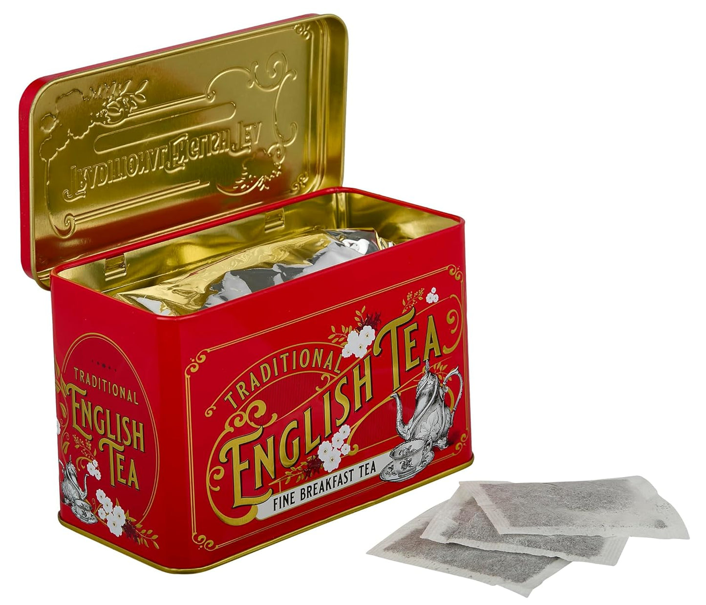 New English Teas Vintage Victorian Tea Tin in Berry-Red with 40 English Breakfast Teabags