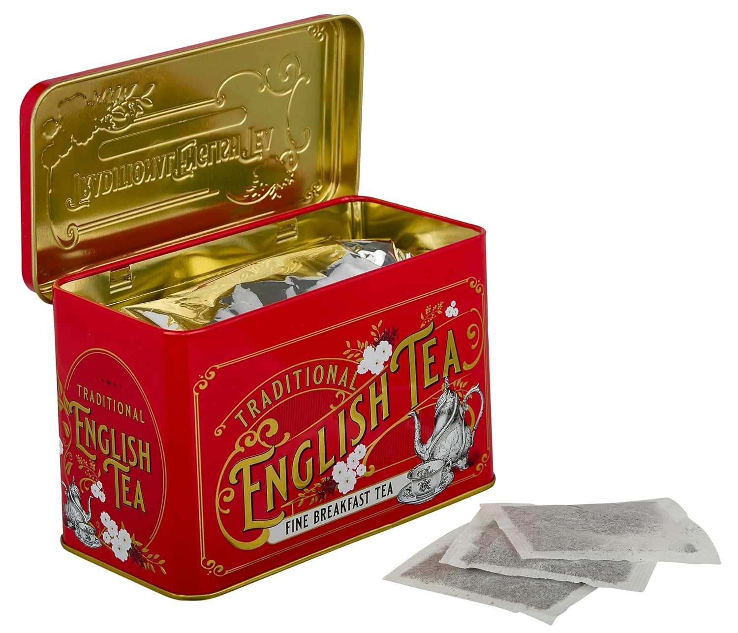 New English Teas Vintage Victorian Tea Tin in Berry-Red with 40 English Breakfast Teabags
