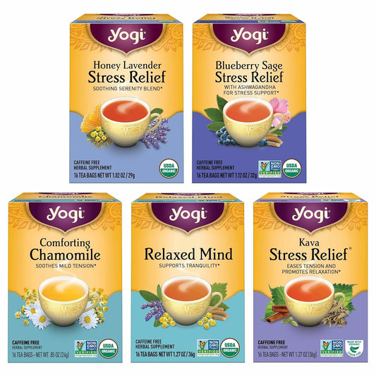 Yogi Tea & Relaxation Variety Sampler - 16 Bags per Pack (5 Packs) - Organic Relaxing Tea Sampler Set - Ca