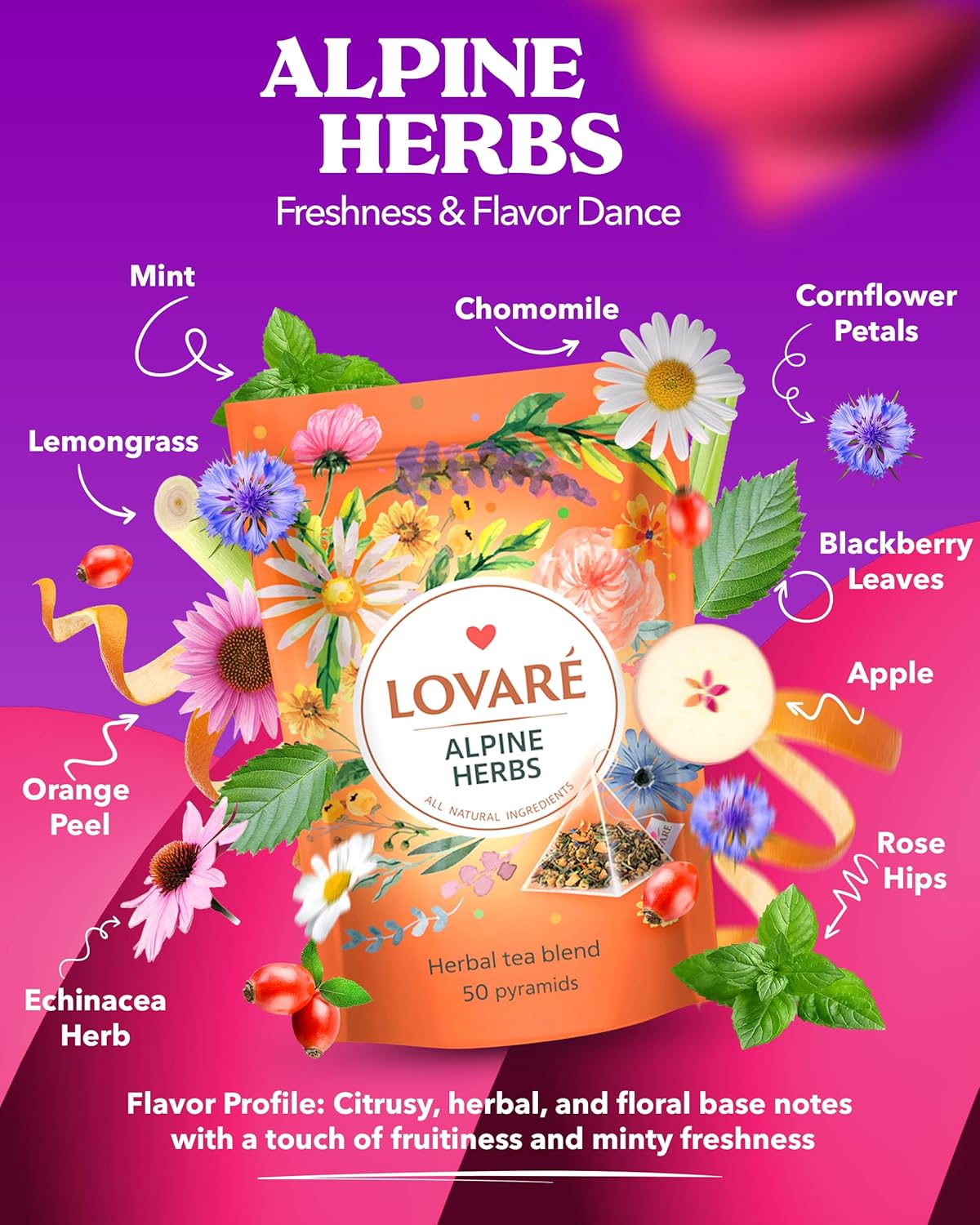 LOVARE Alpine Herbs Tea Pouch - Pyramid Tea Bags 50 Pack x 2 g - Made in Ukraine - Doypack with Lemongrass, Chamomile Flowers, Rose Hips, Orange, Blackberry, and More - Flavored Tea Pyramid Bags