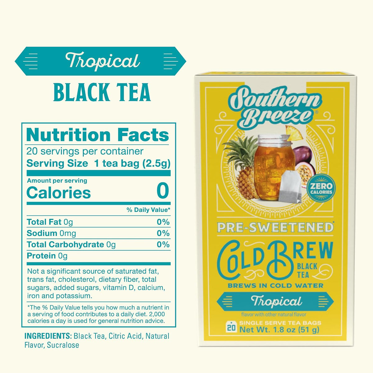 Southern Breeze Cold Brew Sweet Tea Tropical Iced Tea 20 Tea Bags, 4 Pack