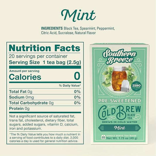 Southern Breeze Cold Brew Sweet Tea Mint Iced Tea with Black Tea and Zero Carbs Zero Sugar, 20 Individually Wrapped Tea Bags Southern Sweet Tea Iced Tea Beverage