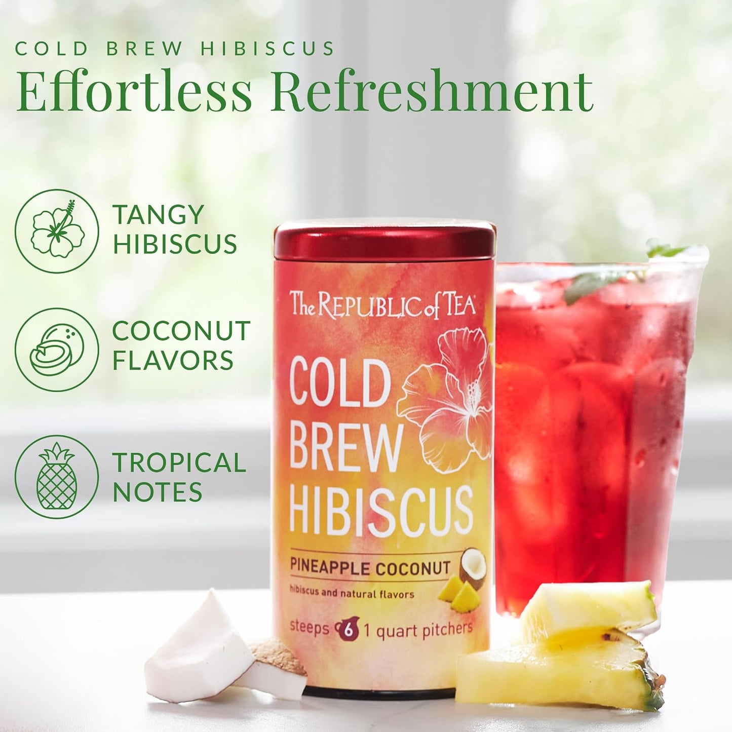 The Republic of Tea Cold Brew Hibiscus Pineapple Coconut Iced Tea, 6 Ct | Herbal Tea, Caffeine Free, Cold Brew Hibiscus with Tropical Pineapple and Coconut Notes