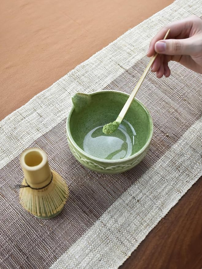 Artcome Matcha Tea Set with Pouring Spout - Green Ceramic Matcha Bowl, Bamboo Whisk, Whisk Holder