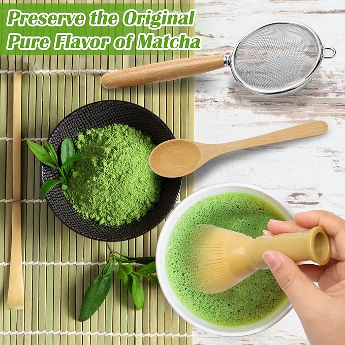 4pcs Matcha Whisk Set - Resin Matcha Whisk, Bamboo Tea Scoop and Tea Spoon, Stainless Steel Sifter Matcha Set Durable Matcha Kit Easy to Clean Matcha Tea Set, Traditional Matcha Starter Kit