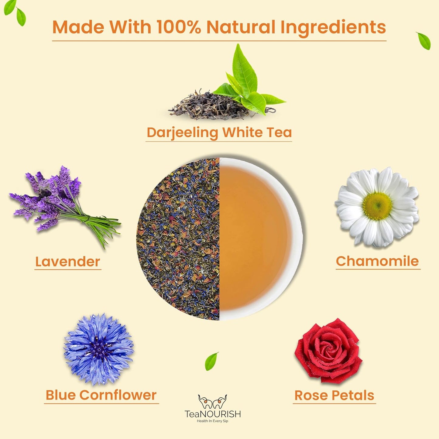 TeaNOURISH Lavender Rose White Tea | Darjeeling Silver Needles White Loose Leaf Tea Blended with Lavender, Rose Petals, Chamomile &amp; Blue Cornflower - 1.76oz/50g