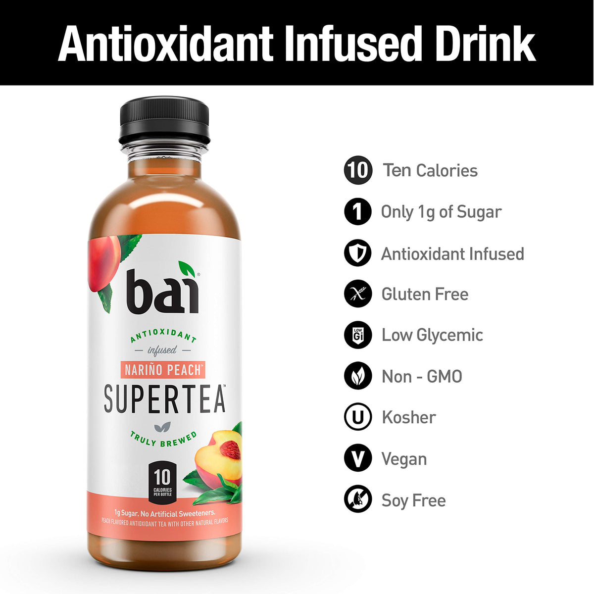 Bai Iced Tea, Narino Peach, Antioxidant Infused Supertea, Crafted with Real Tea (Black Tea, White Tea), 18 Fluid Ounce B