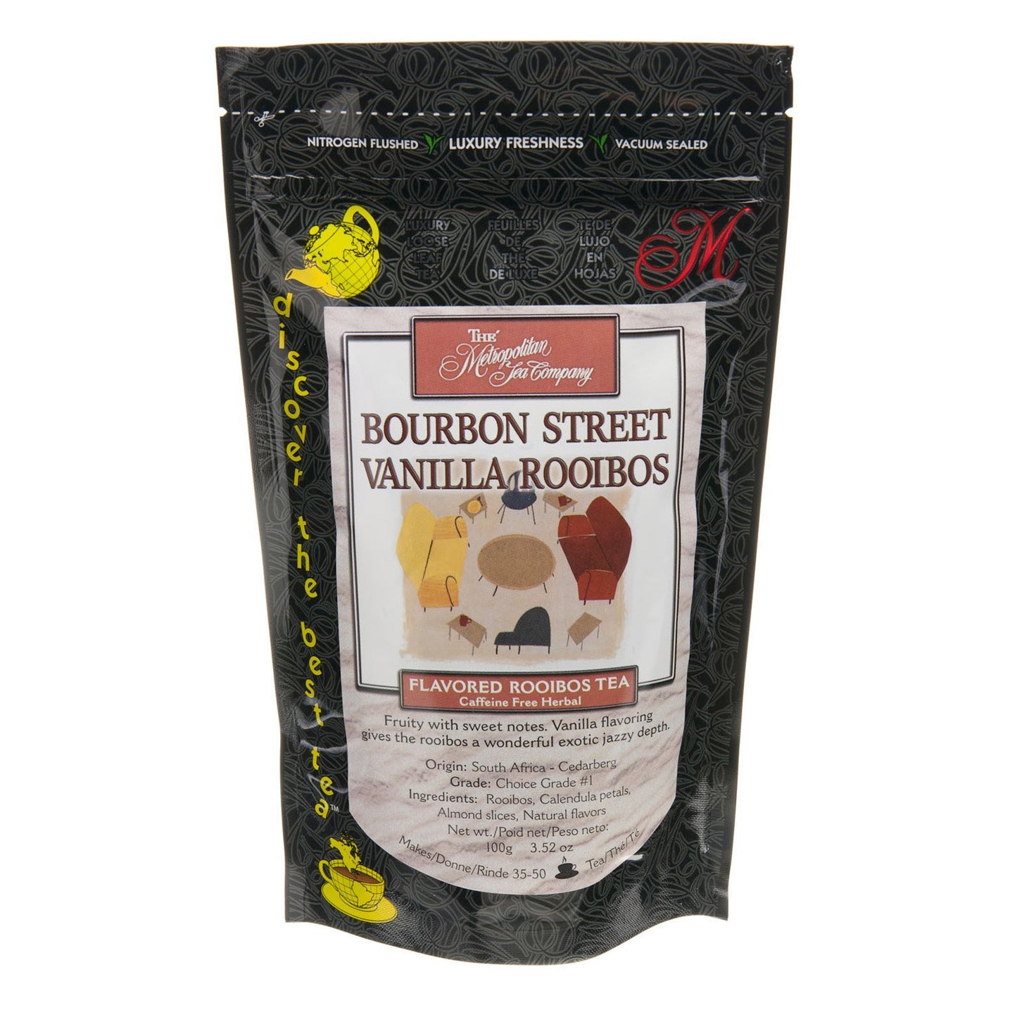 Metropolitan Tea Discovery Loose Tea Pack Bourbon Street Vanilla Flavored Rooibos 100gm Makes 30 - 45 Cups