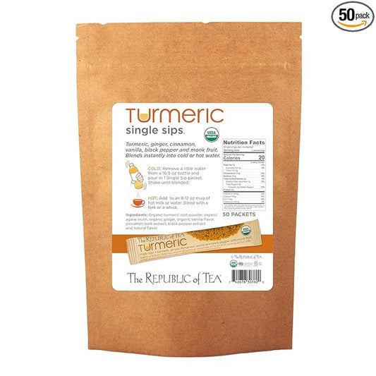 The Republic of Tea Organic Turmeric Single Sips – 50 Single Servings of Instant Turmeric Tea