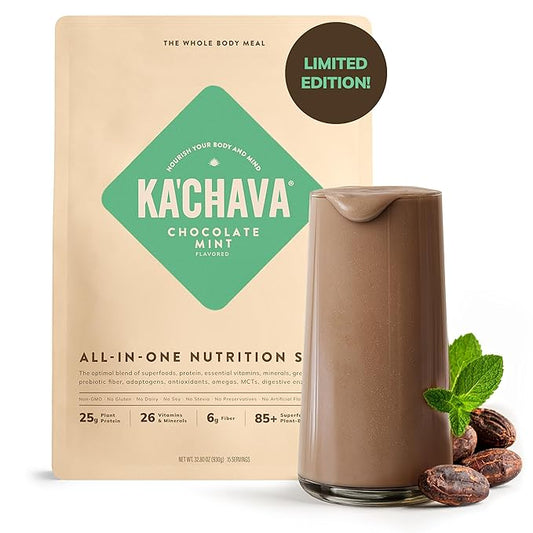 Ka’Chava Whole Body Meal Shake Chocolate Mint 2 lb – Vegan Protein Powder with 85+ Superfoods & Greens – Plant-Based Meal Replacement with Probiotics & Digestive Enzymes – Gluten & Dairy Free