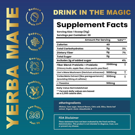THEANECHO Yerba Mate Tea Powder, Peach Mango, Low Sugar, 30 Servings | Yerba mate tea powder with 2g sugar, lion's mane, L-theanine, prebiotic and probiotic blend