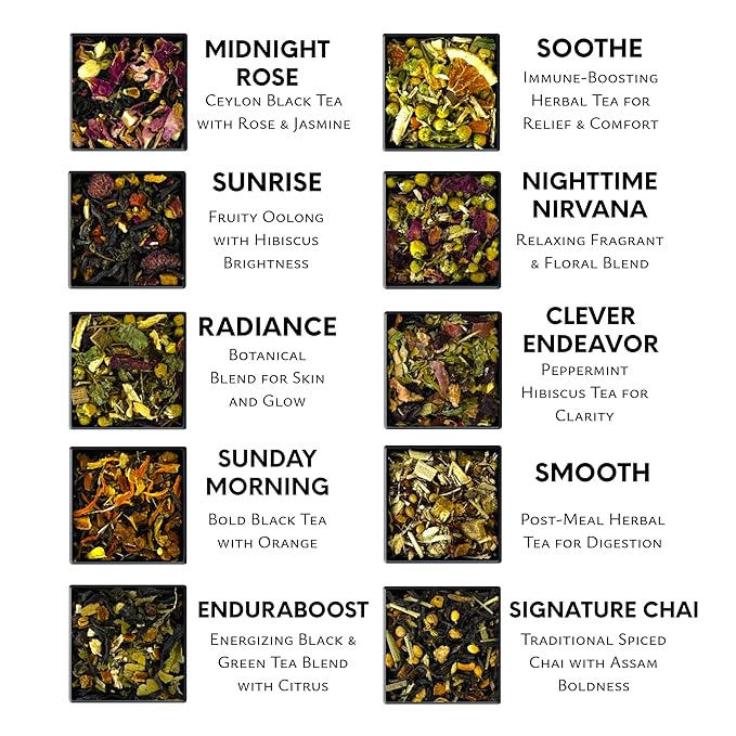 Pure And Easy Tea, Premium Loose Leaf Tea Sampler Set, 30-Count Variety Pack with 10 Herbal & Caffeinated Flavors, Natural Wellness & Luxury Tea in Designer Gift Box, 150g
