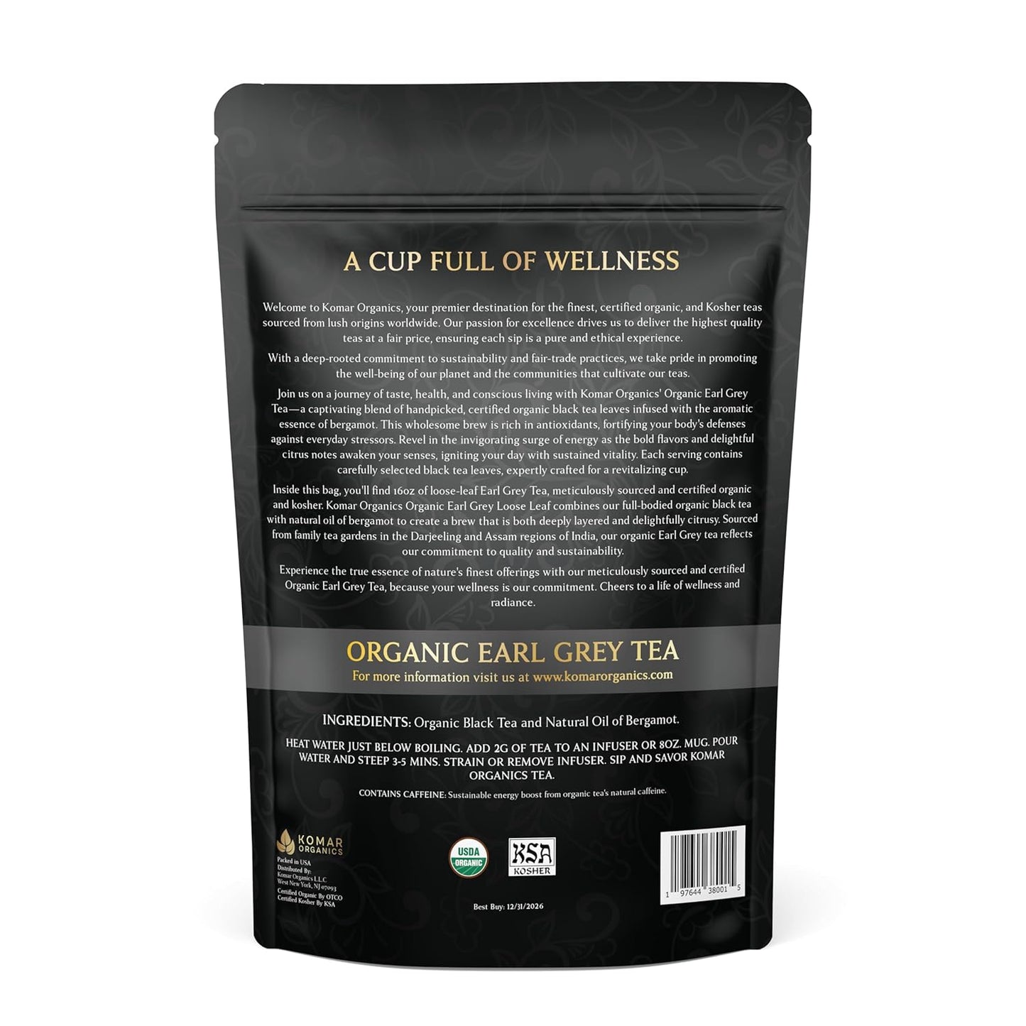 Komar Organics Earl Grey Tea Loose Leaf - 16 Oz USDA Organic, Certified Kosher 1 LB Black Tea Infused With Natural Oil and Bergamot