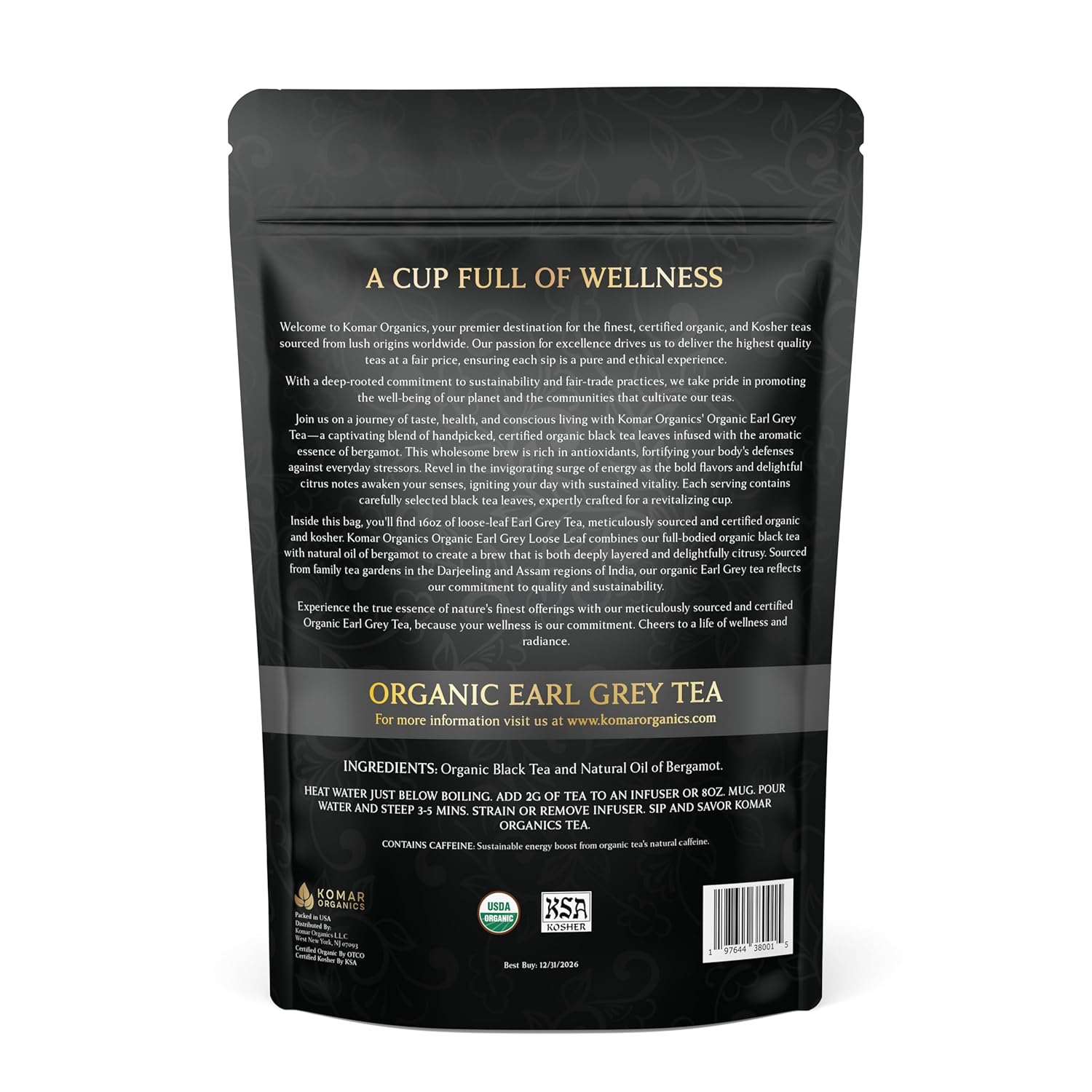 Komar Organics Earl Grey Tea Loose Leaf - 16 Oz USDA Organic, Certified Kosher 1 LB Black Tea Infused With Natural Oil and Bergamot