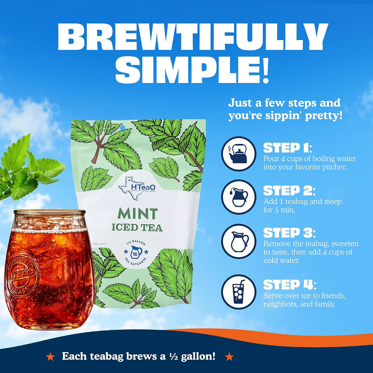 HTeaO Mint Iced Tea Bags - Makes 8 Gallons - Texas Style - Black Tea