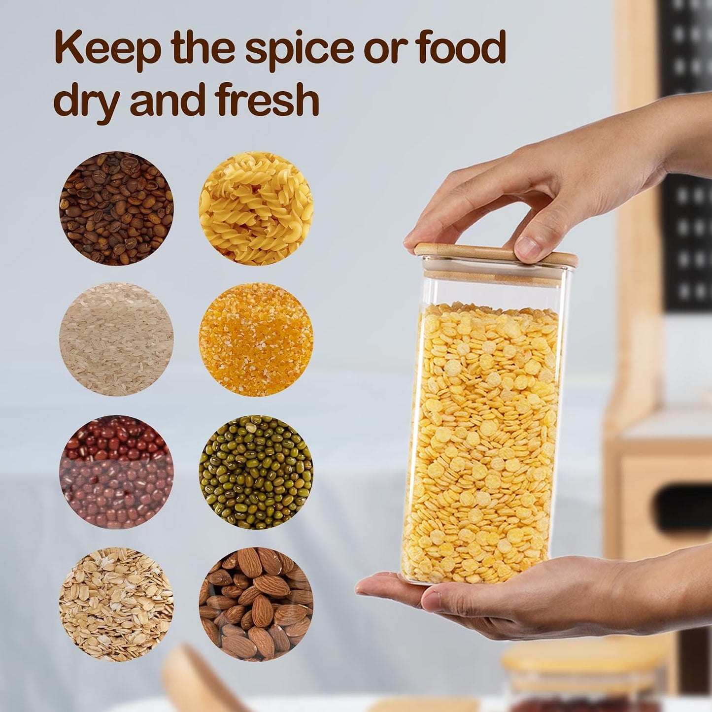 D2scrma 50oz Airtight Glass Square Storage Canister with Bamboo Lid Set of 3 (1500ml) Container Stackable Spice Jar, Kitchen Canister for Flour, Cookies, Cereal and Coffee beans (‎with Black Lable)
