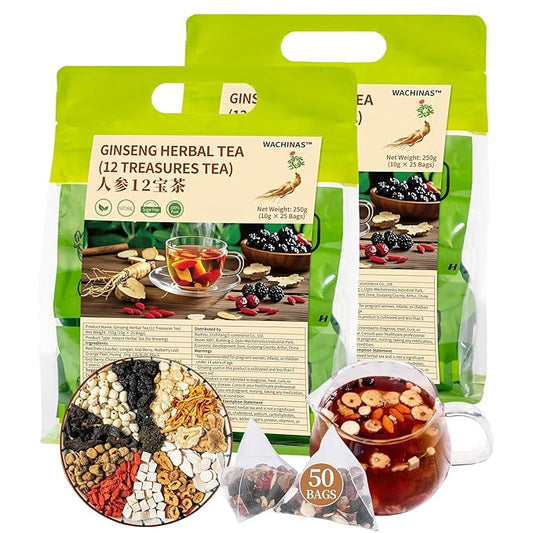 Premium Ginseng Tea - Natural Organic Herbal Tea - 12 Herbal Blend with Goji Berry，Jujube, Longan, Mulberry & Maca - Caffeine & Sugar Free