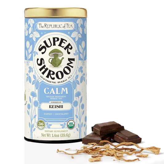 The Republic of Tea SuperShroom Organic Calm Herbal Tea, 36 Count | Caffeine Free. Suitable for day or evening sipping. Notes of cocoa, roasted root and earthy mushroom.