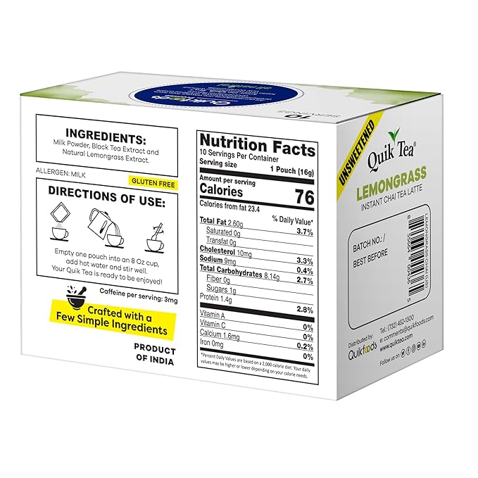 QuikTea Lemongrass Unsweetened Chai Tea Latte – 10 Count, Instant Herbal Blend with Natural Ingredients, Preservative-Free, No Sugar Added – Just Add Hot Water